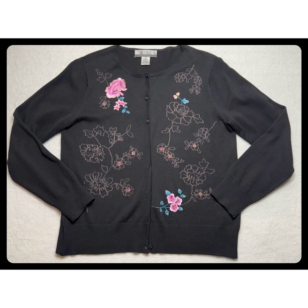 Nine & Company Cardigan Sweater Women Medium Black Floral Embroidered Knit Top